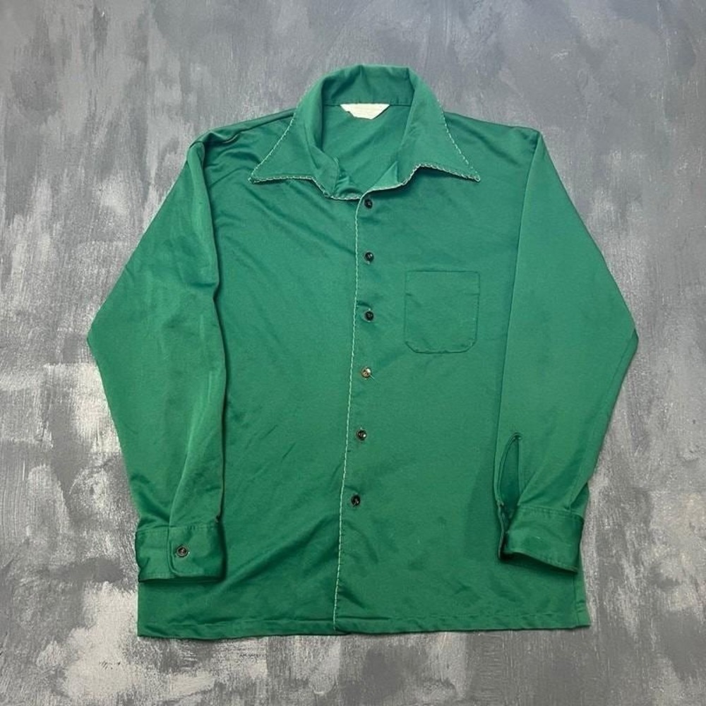 Vintage Career Club Button Up Shirt Mens XL Green 1970s Long Sleeve